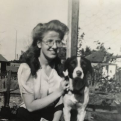 Joan Lock behind their home; Laburnum, Canvey Village about 1948