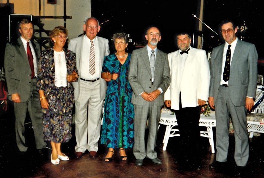 This appears to be a special occasion with, from the left, Chris Richardson, Deputy Head, Jean Bramwell who was the Head's Secretary, Fred Jeary, Margaret Jeary, Des Francis, Len Took, Headteacher and Noel Grout, School Governor. 