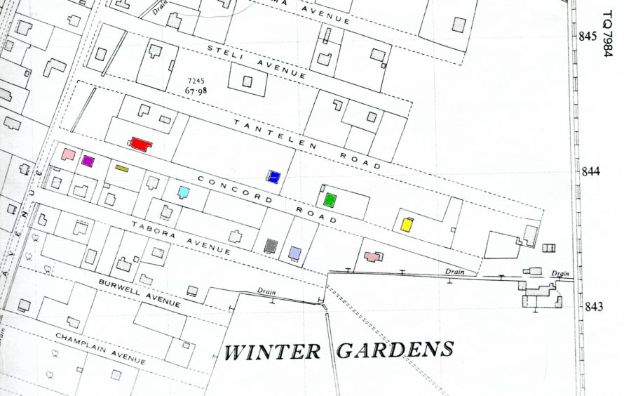 Map dated 1956 Key: ‘Montacute’ – Pink; ‘Doris’ – Purple; ‘Rose Cottage’ – Mustard; Hicks Family – Red; Russell family – Pale Blue; ‘Victory Lodge’ – Blue; ‘St Ninians’ -  Grey; ‘St Malo’ – Lilac; ‘Rosedene’ – Green; Reddish family – Yellow; ‘Dreana’ – Peach.