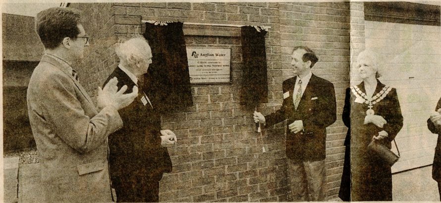 Plaque: Castle Point MP Dr Bob Spink, together with Anglian Water's chairman Bernard Henderson, officially opens Canvey Island sewage treatment work's new £372,000 extension.