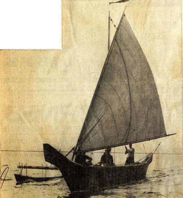 Proa sails off Canvey Called a micronesian proa, this craft has been built at Canvey by Messrs. G. Prout and sons. It has been constructed from a photostat of plans now on show at the British Museum (photo by Jackson's. Canvey) 