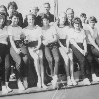 Canoe race by the Canvey Sea Rangers and the Benfleet Rangers in 1963. Canvey won 1st prize. Front row 2nd left, Angela Prout, Patsy Diamond, Marian Patten. 2nd from right Avril. Back row 2nd from right Bernard Griffiths, to his right Roland Prout. 3rd from left Miss Elphie, Skipper of the Benfleet Rangers.