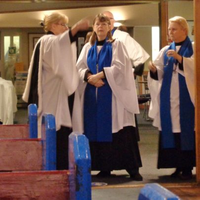 Clergy preparing to enter the church for the service.