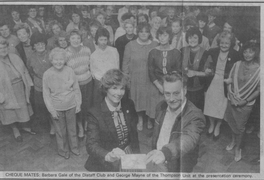 Cheque mates: Barbara Gale of the Distaff Club and George Mayne of the Thompson Physiotherapy Unit at the presentation ceremony. | Echo Newspaper Group