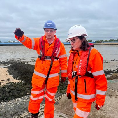 Rebecca Harris inspects the progress made with the revetment works