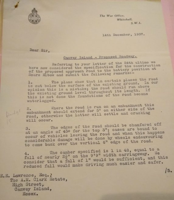 War Office proposed road to Canvey Battery