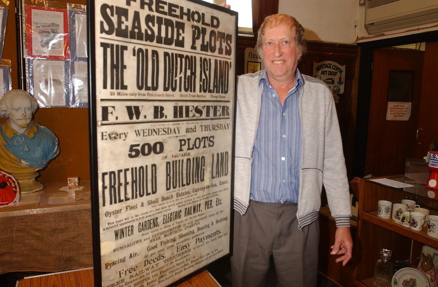 PRE-PIC - MUSEUM WEEK AT THE HERITAGE CENTRE, CANVEY. PIC- DAVE NEWMAN WITH THE POSTER OF FREDERICK HESTER CANVEY'S FIRST ENTREPRENEUR .Picture: Maxine Clarke :Date 06/07/05 Copyright Evening Echo/Newsquest ESSEX...Tel 01268 469390