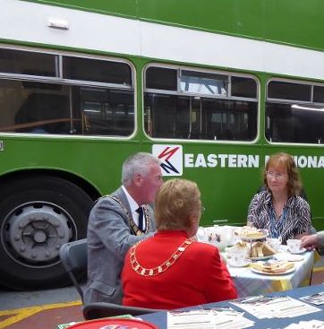 Mayor Acott and his wife Ann share afternoon tea with Janet, Canvey Archive and Bus Museum committee member. | J.Walden