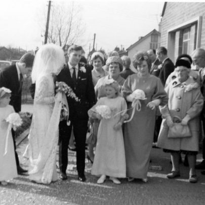 47 Marian and Keith's wedding at the Methodist Church. My niece Susan Robinson far left, me, Keith, my Mum Nell, cousin Mary Knapp and niece Vicki. Grandma Patten, Brenda  (nee Fenwick). Keith's Mum Bell just behind my mother. Bernard Griffith and Douglas Wilson. | Marian Patten