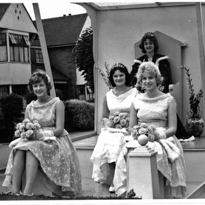 Canvey Carnival 1960: The Queen is Iris Mason the 1959 Carnival Queen. Pauline Woodcock is left & Valerie Sparkes is on the right | Pauline Hayford nee Woodcock