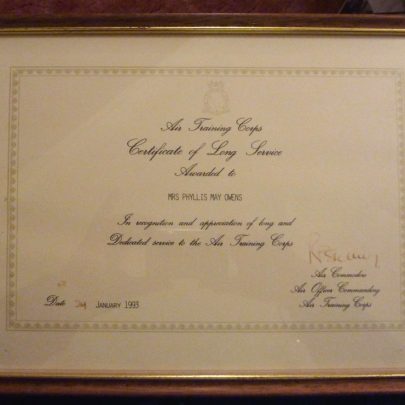 Phyllis' Certificate awarded in 1993 | Phyllis Owens