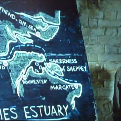 In this snap from the film Canvey Island can clearly be seen on the map