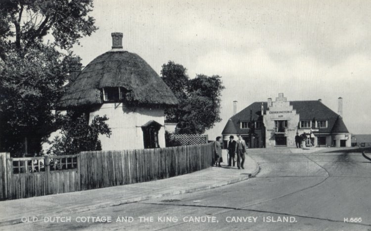 Dutch Cottage and King Canute PH original photo dated 1938. On this reprint the photo has been changed to reflect the change to the pubs name from the Red Cow.