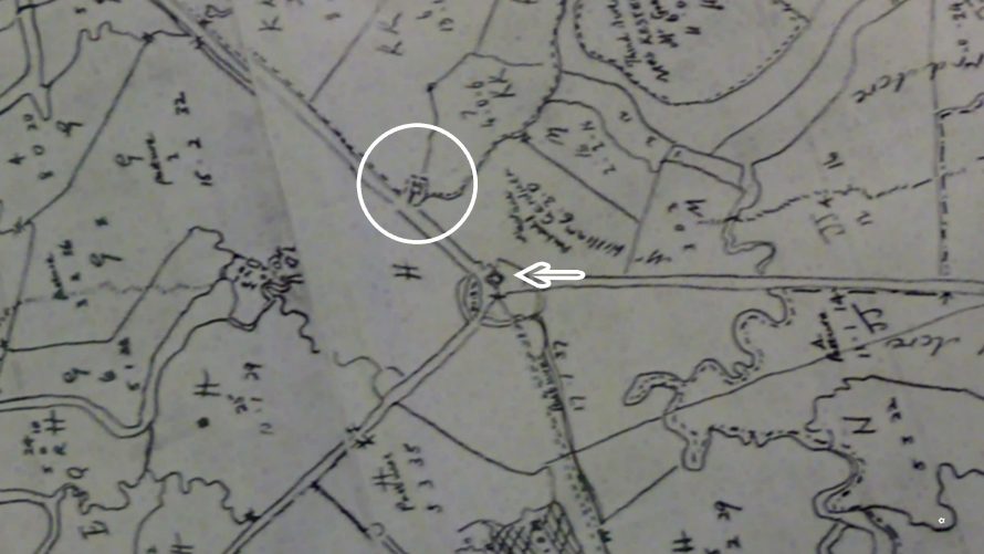 From a map showing ownership and acreage dated 1793 and drawn by James Asser Land Surveyor | The circle shows the church in its position before it was moved in the late 1800s and the arrow shows the position of what the Red Cow???