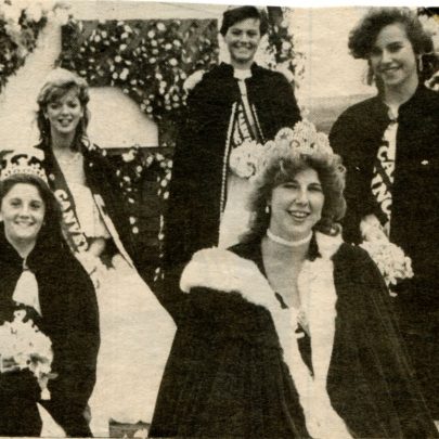 1987 Carnival Court. Back Left to Right, Princess Lorraine Fyson, Queen Paula Bolton, Deputy Princess Mary Day, Princess Karen Hearin, Deputy Queen Maria Rawlings