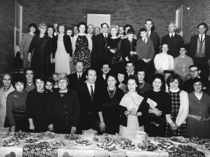 Evening do at St Nicholas Church Hall 1960's. Phyllis is second from laft, front row on the stage | Phyllis Owens
