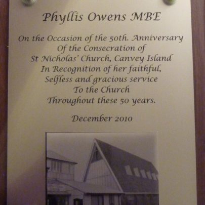 The commemorative plaque as presented to Phyllis Owens MBE | Janet Penn