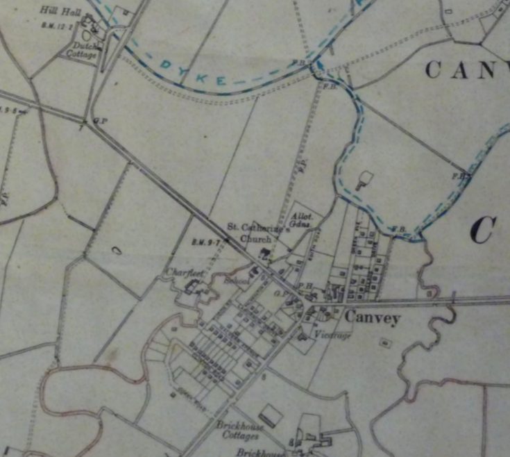 1932 revision OS Map showing the village School, Vicarage, St Catherine's Church, Charfleet and Brickhouse Farms. Plus in the far top left corner the Dutch Cottage | Michael and Lynn Swanson