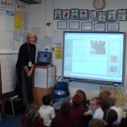 Barbara visiting one of the classrooms to show the children the website | Photographed by Barbara Taylor
