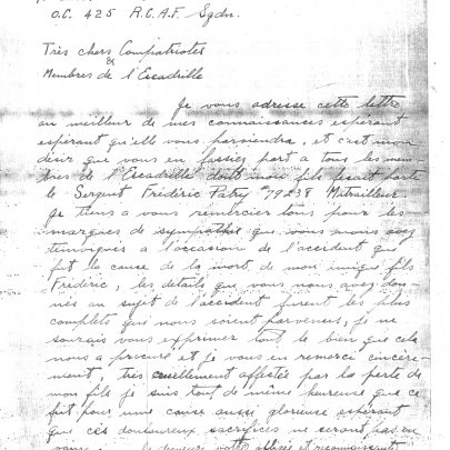 Letter (in French) from the family of Flt Sgt Frédéric Patry of Montreal | National Archives of Canada