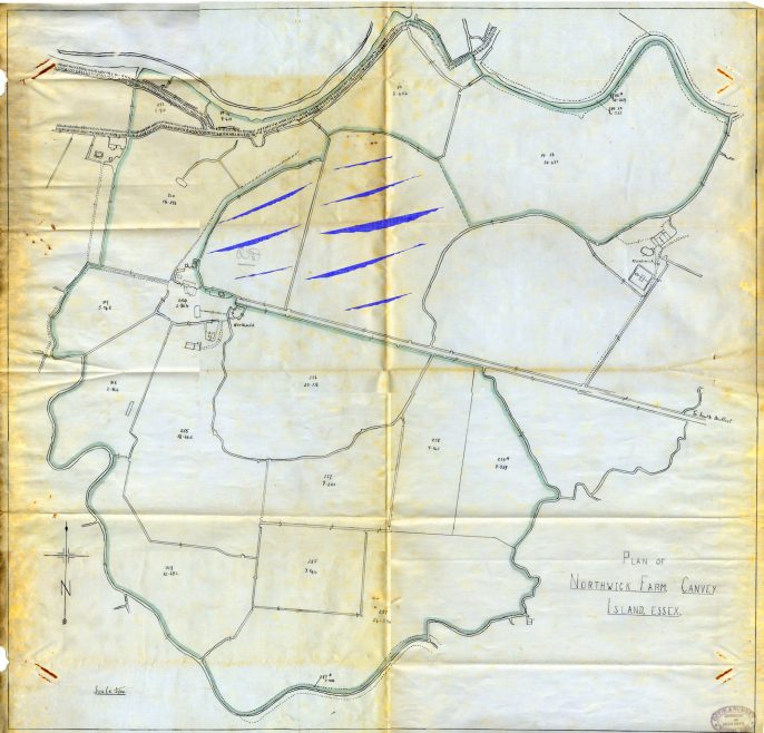 The area outlined in a green colour is Northwick Farm, with blue lines is the War Departments Gun emplacements. Tree Farm is far left and Monkswick is far right.