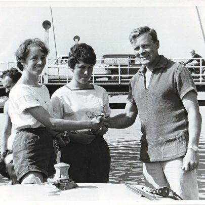 Presentation to Pat and Marion by Roland Prout with the bridge in the background | Pat Hunt